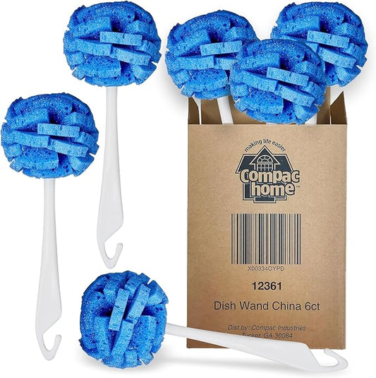 Compac Home Dish Wand China Scrubbing Sponge, Cleans Dishes and Glassware Effectively, Unique Round Ball Shape for All-Around Cleaning, Flexible Brushes are Gentle on Your Nice Dishes, 6 Count
