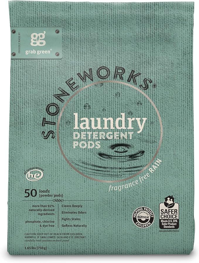 Grab Green Stoneworks Laundry Detergent Pods, Powered by Naturally-Derived Plant & Mineral-Based Powder Pods, Fragrance Free Rain, 50 Count (Pack of 1) Loads-EPA Safer Choice Certified