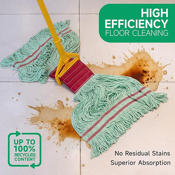 ONESIMUS 30 oz Pack of 3 Cleaning Heavy Duty Industrial Commercial Grade Looped-End Mop Head Replacement,6'' Headband Cotton String Wet Mop Head Refills,Machine Washable Green Mop