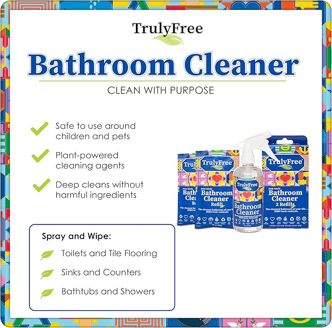2-Pack TrulyFree Bathroom Cleaner - Cleaning Spray, for Toilet, Sink, Tub, Shower - Includes: 16-oz Spray Bottle, One refill pouch used for initial fill and one pouch for Refill when needed (3 oz)