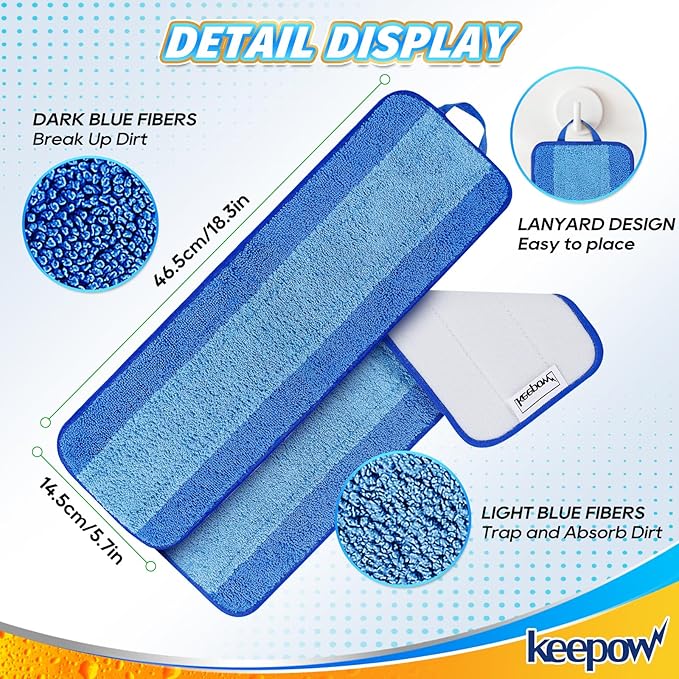 KEEPOW Microfiber Cleaning Pad, Mop Replacement Pads for Hardwood Floor Cleaner, 18 Inch, Washable & Reusable Spray Refills for Hard Surface Laminate Wood (4 Pack)