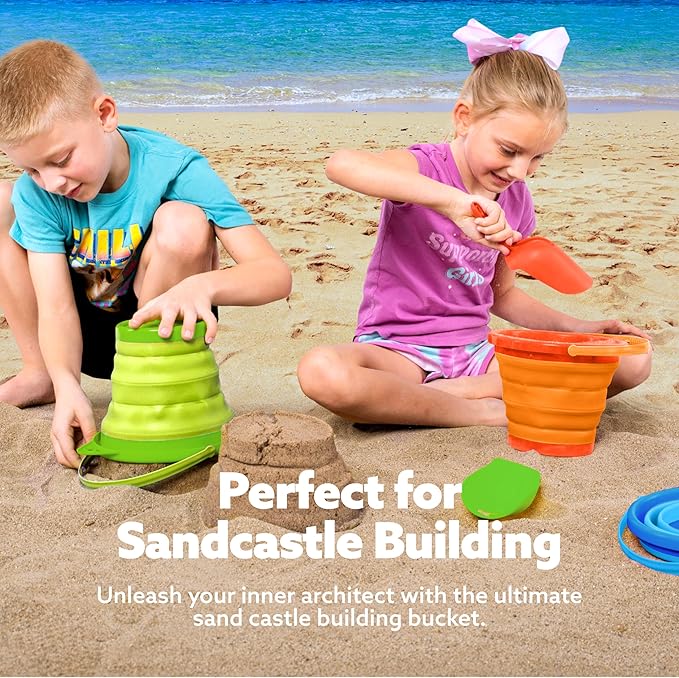 JOYIN 3 Packs Foldable Pail Bucket with Shovels & Mesh Bag, Collapsible Buckets Multi Purpose for Beach, Camping Gear, Beach Party, Fishing, and Fun Summer Activities (Orange/Blue/Green)