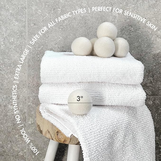 Premium Wool Dryer Balls, Set of 6 XL 100% New Zealand Wool, Natural Fabric Softener, Reusable, Anti Static, Reduces Drying Time, Wrinkles, Pet Hair, Lint