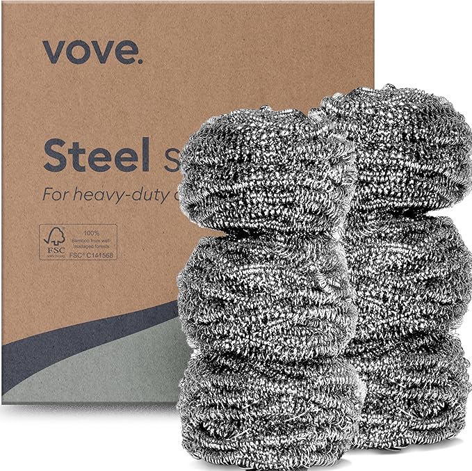 Vove Stainless Steel Scouring Pads, 6-Pack Heavy-Duty Metal Scrubbers for Cast Iron, Pots, Pans, Griddles, Grills, Stovetops, Sinks, Tough Grime Removers, FSC-Certified Packaging