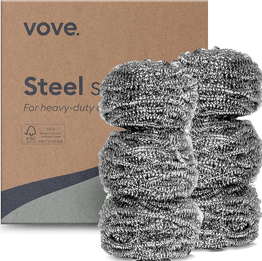 Vove Stainless Steel Scouring Pads, 6-Pack Heavy-Duty Metal Scrubbers for Cast Iron, Pots, Pans, Griddles, Grills, Stovetops, Sinks, Tough Grime Removers, FSC-Certified Packaging