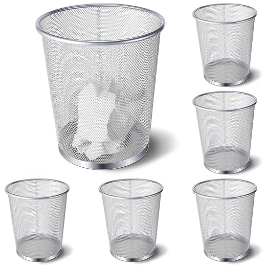 Zeyune 6 Pack Silver Office Trash Can Bulk Mesh Trash Can 4 Gallon Metal Wire Mesh Waste Paper Basket Round Small Garbage Bin for Office Bathroom Home Bedroom Kitchen Dorm
