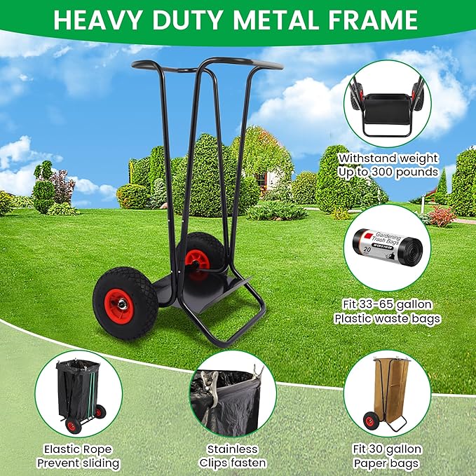 ARCITON Trash Bag Holder with Wheels, Heavy Duty Metal Garden Garbage Bag Support Frame can Hold 33-65 Gallon Leaf Bags, Leaf Bag Holder for Yard Lawn Cleanup Gardening Camping Party Weeding