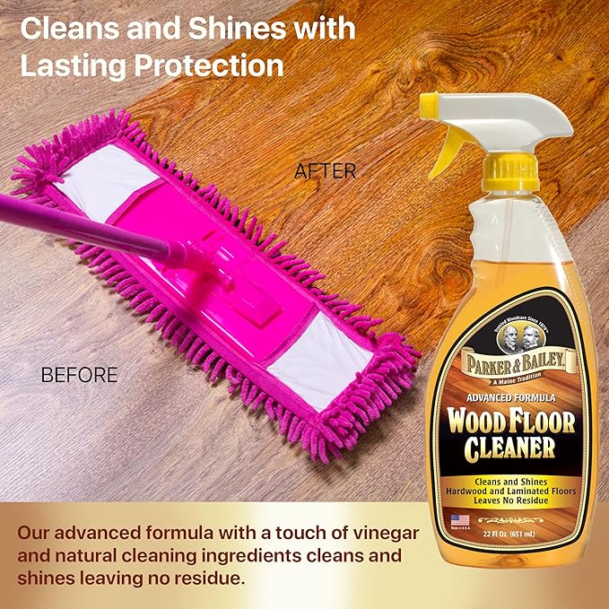Parker & Bailey Wood Floor Cleaner – Use on Hardwood, Laminated or Faux Finished Floors. Shine Restorer Protector, Surface Cleaner Supplies Home Improvement, Natural Look, Cuts Grease 22 Oz