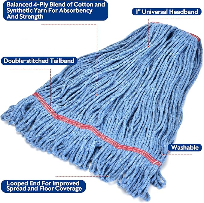Matthew Cleaning 20oz Heavy Duty Mop Head Commercial Replacement for General and Floor Cleaning, Wet Industrial Blue Cotton Looped End String Head Refill (Pack of 3) Blue