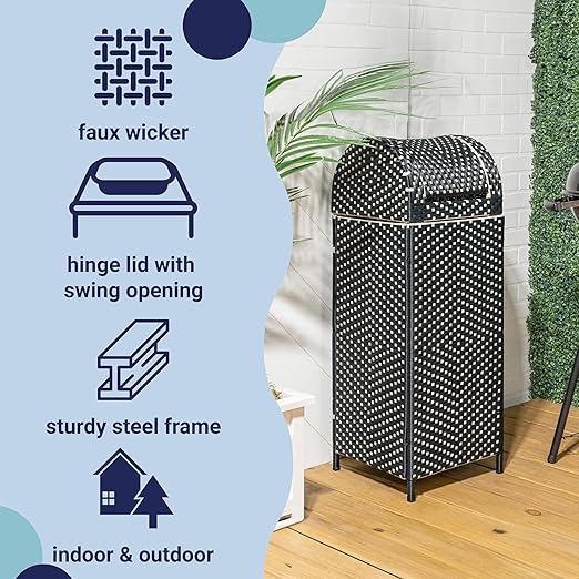 happimess HPM1202E Darla 31.39-Gallon All-Weather Wicker/Metal Swing Top Hideaway Outdoor Trash Can, Dark Navy/White, Classic, Coastal, Casual Wastebin for Backyard, Patio, Porch, Kitchen