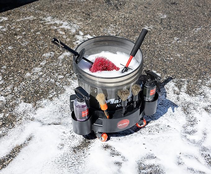 Maxshine Rolling Bucket Dolly (Black) | Heavy-Duty Polypropylene with 4 Swivel Wheels, 2 Shelves & 6 Compartments | Secure Fit, Spill-Free Design for Car Wash & Auto Detailing Organization