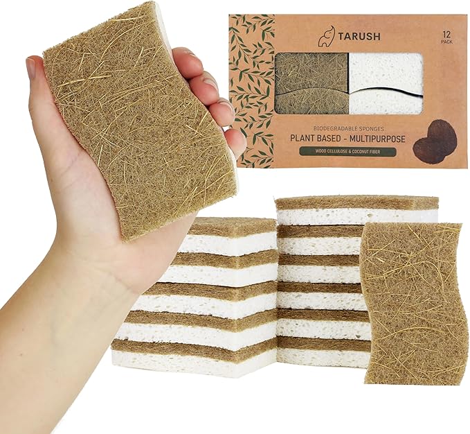 Tarush Natural Kitchen Sponges - Biodegradable Dish Scrubbers and Scouring Pads for Non-Scratch Scrubbing, Eponge Vaisselle and Eponge Melamine for Eco-Friendly Cleaning of Dishes, White/Brown