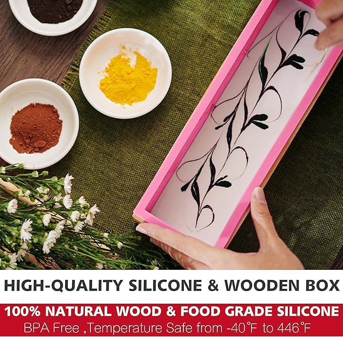 2 pcs Rectangular Soap Molds Kit with Cutters - 42oz Flexible Silicone Loaf Soap Mold with Wooden Box, Stainless Steel Wavy & Straight Scraper for Homemade Craft Soap Making Supplies
