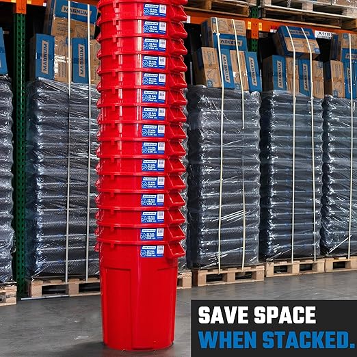 Magnum 32 Gallon Trash Can, High-Vis Red, Construction Grade, Heavy Duty Plastic, Jobsite Ready for Handling and Holding Garbage CMTC-C000-32R05 (5 Pack)