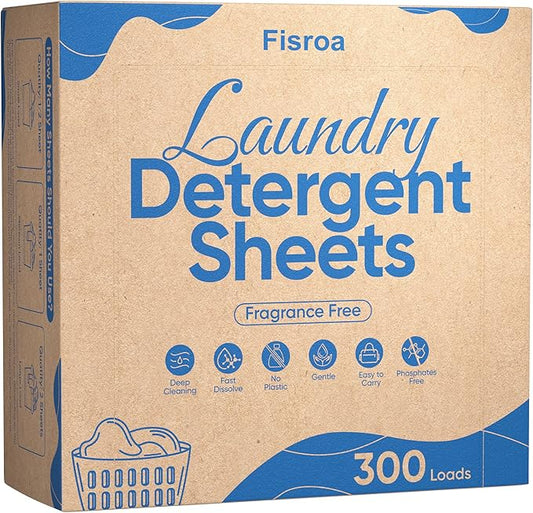 Fragrance Free Laundry Detergent Sheets Travel Eco-friendly 300 Loads Fisroa Clothes Washing Detergent Sheets Plastic-Free Washer Strips, Unscented Liquidless Laundry Strips Tablet