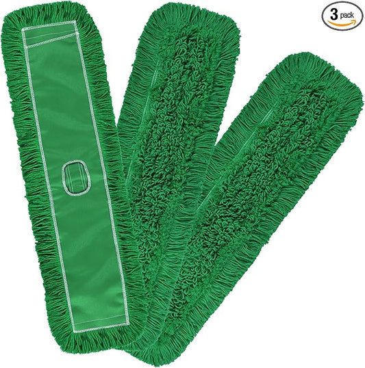 Matthew Cleaning 36'' Industrial Strength Cotton Dust Mop Refill Washable Replacement Heads for Residential & Commercial Use Fit Standard Dust Mop Frames, Hardwood, Concrete Floors Green 3 Pack