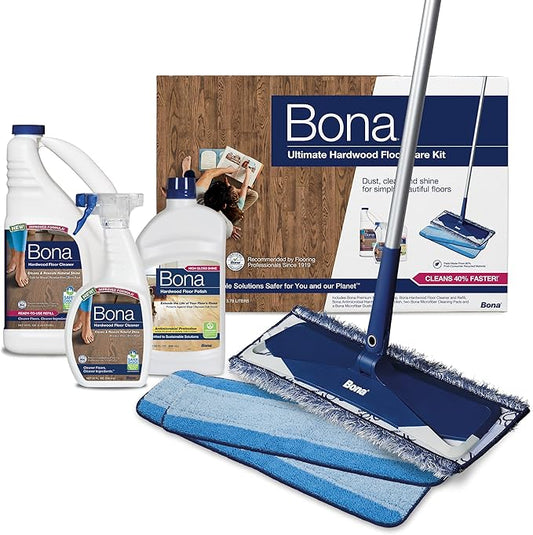 Bona Ultimate Hardwood Floor Care Kit - Includes Microfiber Mop, Hardwood Floor Cleaning Solution and Refill, Hardwood Floor Polish, Microfiber Cleaning Pads, and Microfiber Dusting Pad
