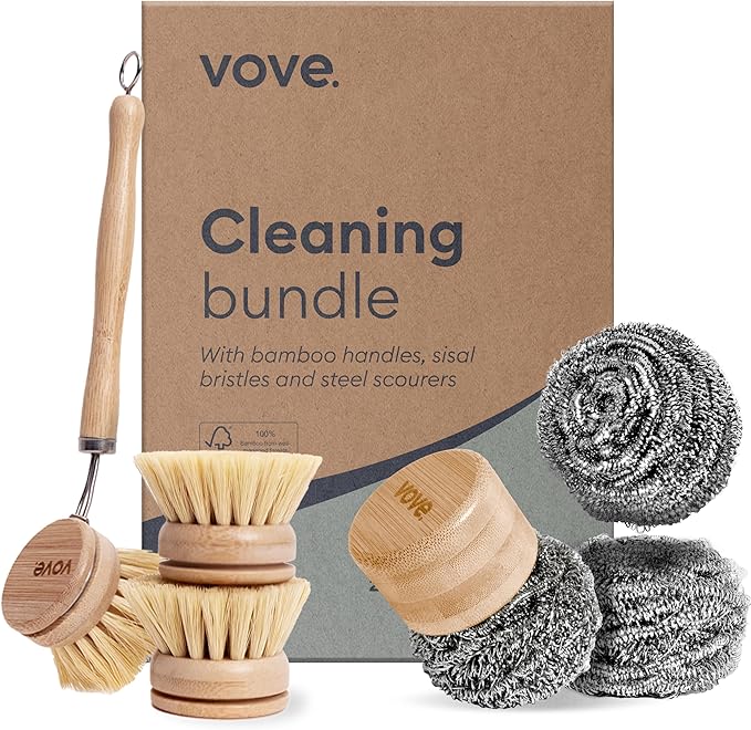 Vove Magnetic Scourer & Bamboo Dish Brush Set, Stainless Steel Scrubber with FSC-Certified Bamboo Handle and 3 Pads, Sisal Fiber Brush, for Cast Iron, Pots & Pans, Eco-Friendly Kitchen Cleaning Bundle