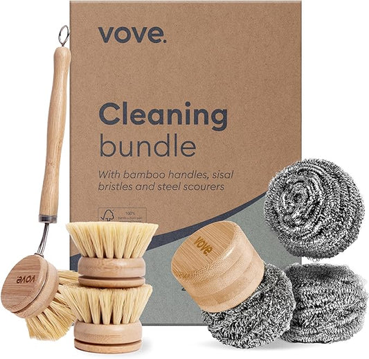 Vove Magnetic Scourer & Bamboo Dish Brush Set, Stainless Steel Scrubber with FSC-Certified Bamboo Handle and 3 Pads, Sisal Fiber Brush, for Cast Iron, Pots & Pans, Eco-Friendly Kitchen Cleaning Bundle