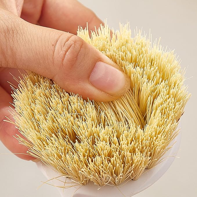 Kitchen Cleaning Brush(Natural Sisal Bristles),Pot Dish Brush Pots Comfortable Long Built-in Scraper Scrub Brush for Pans,Kitchen Sink Cleaning(White