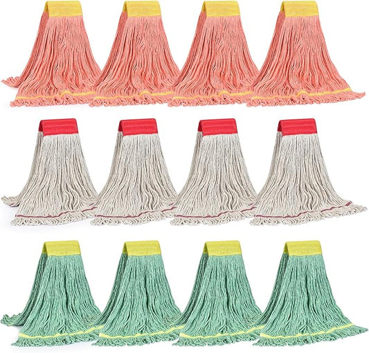Matthew Cleaning 12Pcs 5'' Headband White&Orange&Green Medium Commercial String Mop Heads, Loop-End Mop Head Replacement, Heavy Duty Industrial Washable&Reusable Mop Refills for Residential& Warehouse