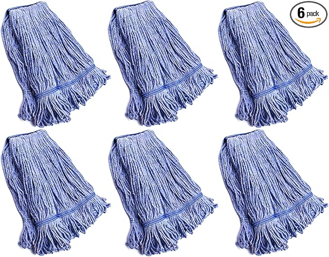 String Mop Heads Replacement Heavy Duty Commercial Grade Blue Cotton Looped End Wet Industrial Cleaning Mop Head Refills (6, Medium)