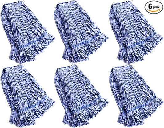 String Mop Heads Replacement Heavy Duty Commercial Grade Blue Cotton Looped End Wet Industrial Cleaning Mop Head Refills (6, Medium)