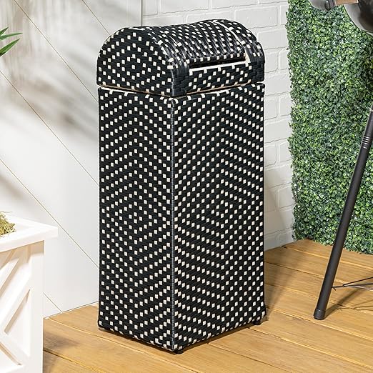 happimess HPM1201E Darla 14.27-Gallon All-Weather Wicker/Metal Swing Top Hideaway Outdoor Trash Can, Dark Navy/White, Classic, Coastal, Casual Wastebin for Backyard, Patio, Porch, Kitchen