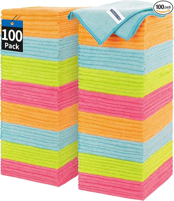 HOMERHYME Microfiber Cleaning Cloth, 100 Pack Cleaning Rags, 12" x 12" Shop Towels, Lint Free Reusable All Purpose Microfiber Towels for Cars Kitchen House Office Automotive