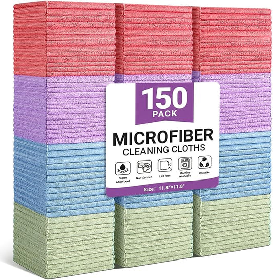 Microfiber Cleaning Cloth, 150 Pack Assorted Color Cleaning Rags for Housekeeping, Colorful Reusable Microfiber Towels for Car, Kitchen, Bathroom and Household Cleaning Supplies, 11.8"X11.8"