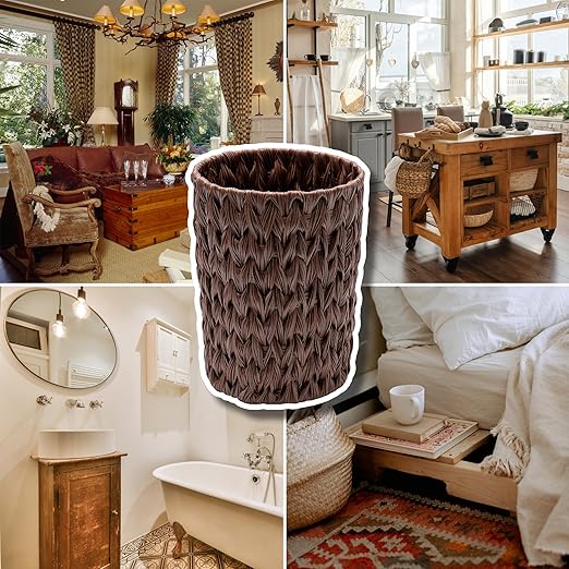 GRANNY SAYS Small Wicker Trash Can, 2 Gallon Bathroom Waste Basket, Small Bathroom Garbage Can, Plastic Trash Basket for Decor, Round Wastebaskets for Office, Bedroom, Cabinet, Brown