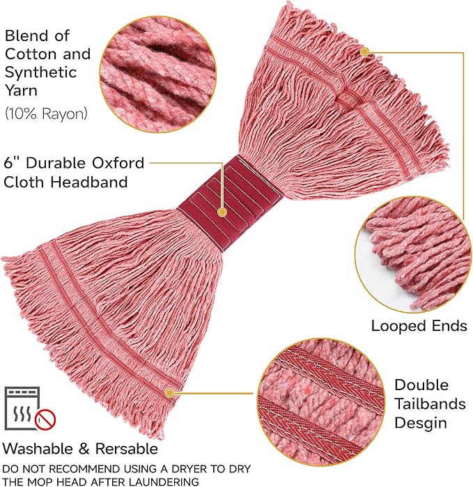 ONESIMUS 30 oz Pack of 6 Cleaning Heavy Duty Industrial Commercial Grade Looped-End Mop Head Replacement,6'' Headband Cotton String Wet Mop Head Refills,Machine Washable Red Mop