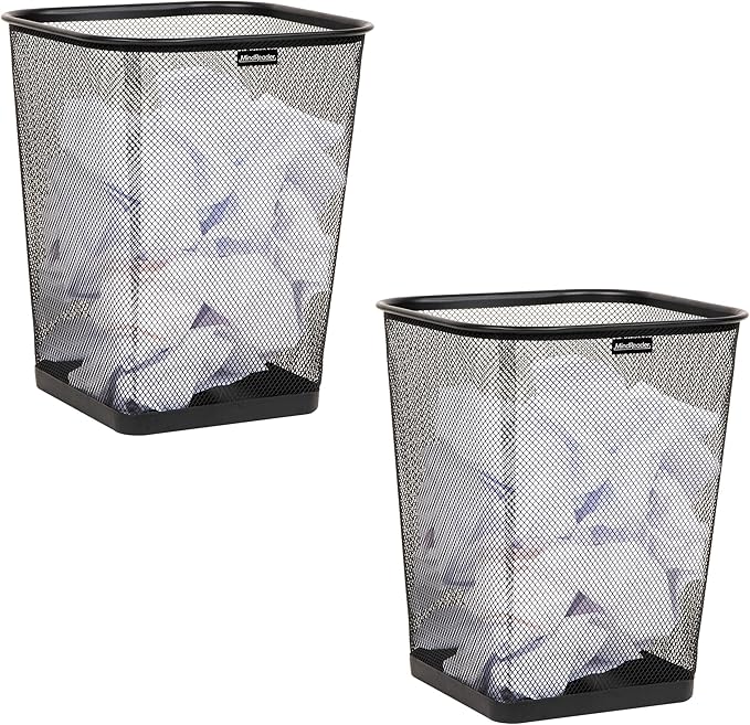 Mind Reader Mesh Trash Can, Waste Paper Basket, Square, Office, Metal Mesh, Set of 2, Black