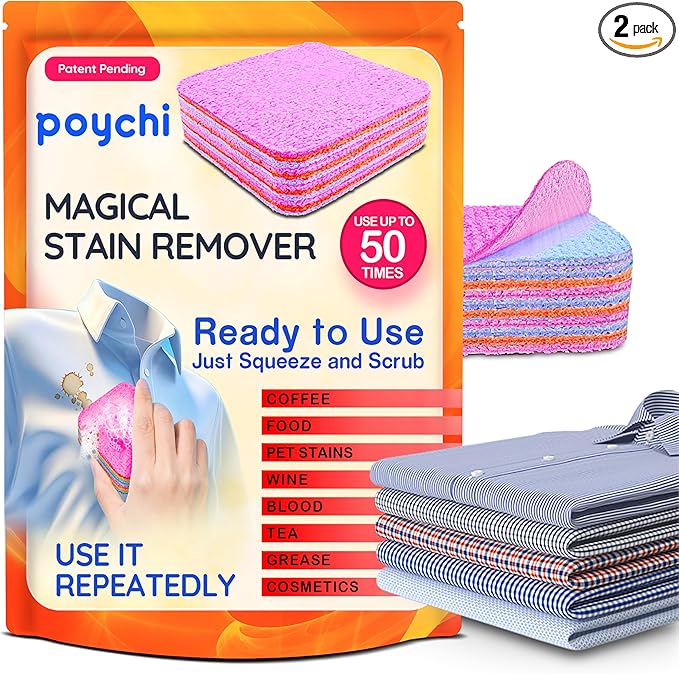 Magical Fiber Stain Remover- Use as Spot Remover- No Dry Cleaning Food, Grease, Coffee Off Laundry, Tea, Fabric, Pet Stains, Stain Remover Sponge Clothes, Carpet, Sofa, Mattress & Upholstery (2 Pack)