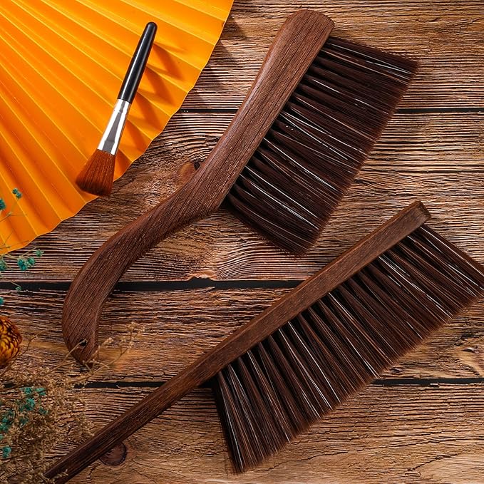 3 Pcs Wooden Hand Broom Set Counter Duster Dusting Bench Brushes Long Soft Bristles Handle Detail Brushes for Fireplace Car Home Bed Sofa Clothes Workshop Woodworking Hearth Rug Cleaning(3 Pcs A)