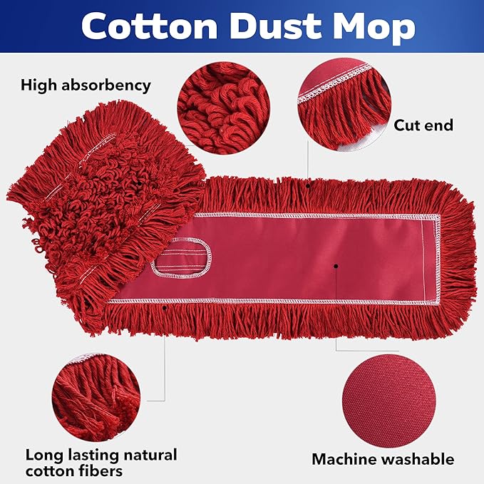 Matthew Cleaning 36'' Industrial Strength Cotton Dust Mop Refill Washable Replacement Heads for Residential & Commercial Use Fit Standard Dust Mop Frames, Hardwood, Concrete Floors Red 12 Pack