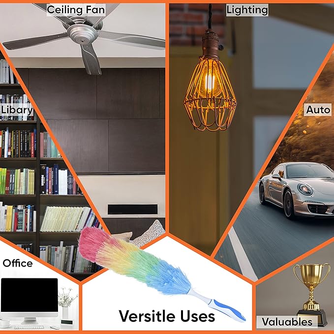 Superio Rainbow Feather Duster for Cleaning, 2 Pack Plastic Dust Remover with Grip Handle, Great for Homes, Ceilings, Fans, and Furniture