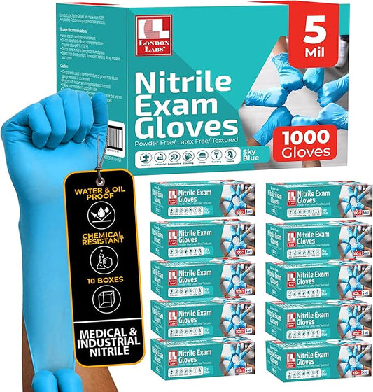 Sky Blue 5 Mil Nitrile Exam Gloves Disposable Latex Free | Medical Rubber Gloves for Doctors, EMT, First Aid Kit, Food Service & Cleaning | Bulk Case of (1000 CT)