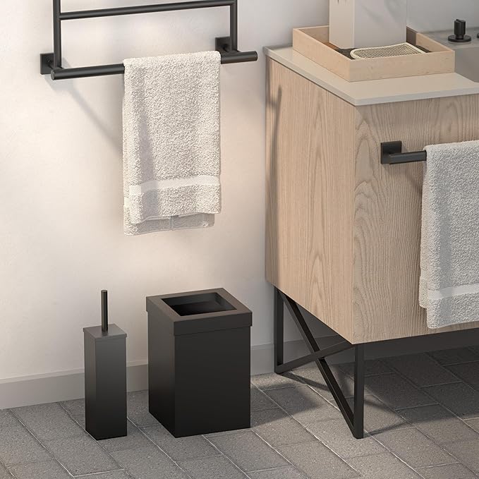 Gatco Modern Square Waste Basket and Toilet Brush Set, Matte Black - Stainless Steel Trash Can with Removable Lid, Leakproof, 3 Gallon Capacity for Bathroom, Bedroom, Kitchen, or Office