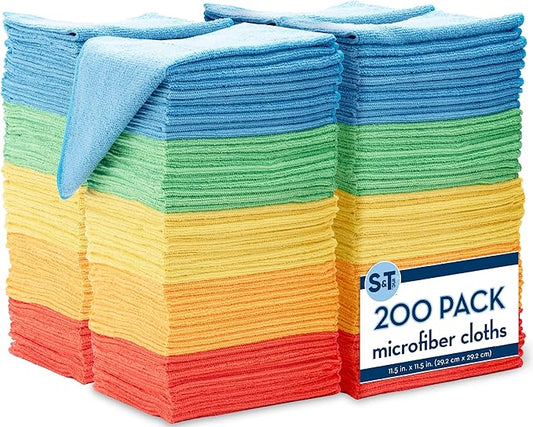 S&T INC. 200 Pack Microfiber Cleaning Cloth, Bulk Towels for Home, Reusable Microfiber Towels for Cars, Cleaning Rags, Assorted, 11.5 Inches x 11.5 Inches, 200 Count