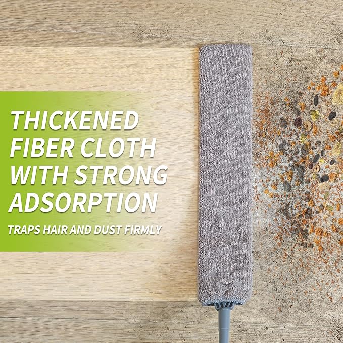 Skinny Duster with Extension Pole for Under Furniture, Under Appliance Cleaning Tool with 3 Microfiber Dusting Cloths, Retractable Flat Duster for Under Refrigerator, Tight Spaces, Gap