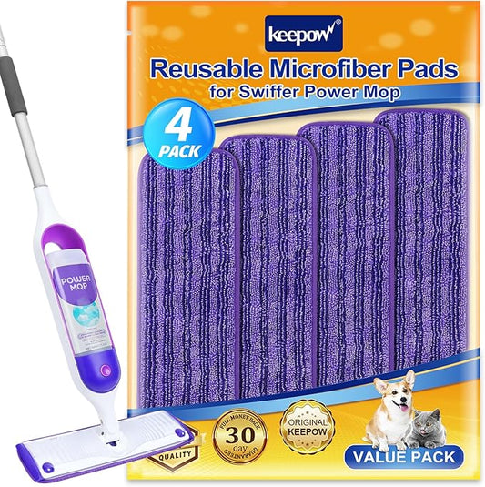 KEEPOW Reusable Power Mop Refill Pads for Swiffer Power Mop, Powermop Mopping Pad Refills for Wood Floor Cleaning, Machine Washable Microfiber Mop Pads for Wet and Dry Use, 4 Pack