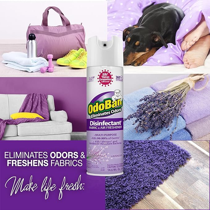 OdoBan Ready-to-Use Disinfectant and Harsh Aroma Eliminator, Set of 2, 14.6 Ounce 360-Degree Continuous Spray Fabric/Air Freshener and 1 Gallon Multi-Purpose Cleaning Concentrate, Lavender Scent