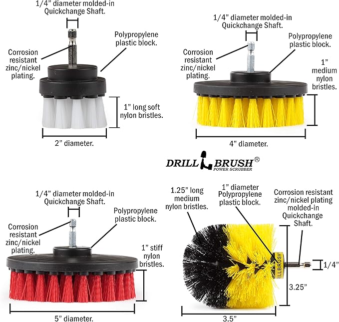 Drillbrush Drill Brush Attachment Set – Power Scrubber Brush for Tub, Tile, Shower, and Grout – All-Purpose Household Cleaning Brushes for Drill, Auto Detailing Brushes - Electric Grout Cleaner Kit