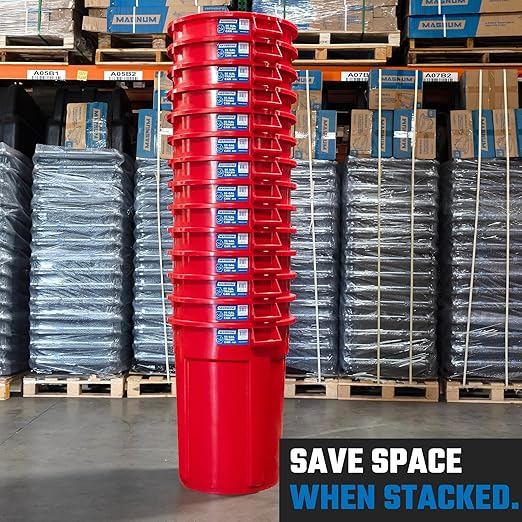 Magnum 55 Gallon Trash Can, High-Vis Red, Construction Grade, Heavy Duty Plastic, Jobsite Ready for Handling and Holding Garbage CMTC-C000-55R02 (2 Pack)