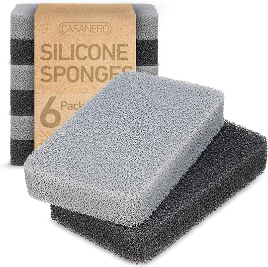 Casanero 6-Pack Silicone Kitchen Scrubbing Sponges, Heavy-Duty, Non-Scratch Kitchen Sponges | Reusable, Odor-Free, Multipurpose Cleaning for Kitchen, Bathroom, Dishes, Non-Stick Cookware, Countertops