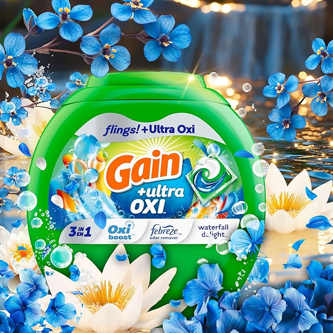 Gain flings Ultra Oxi Laundry Detergent Pacs 3-in-1 HE Compatible, Waterfall Delight Scent, 76 Count