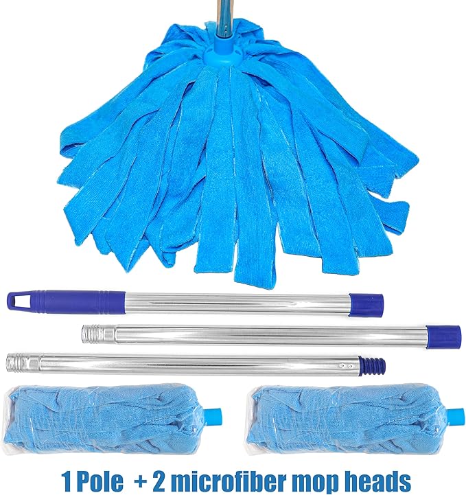 Stainless Steel Mop with Two Blue Microfiber Heads (1 Pole & 2 Heads)