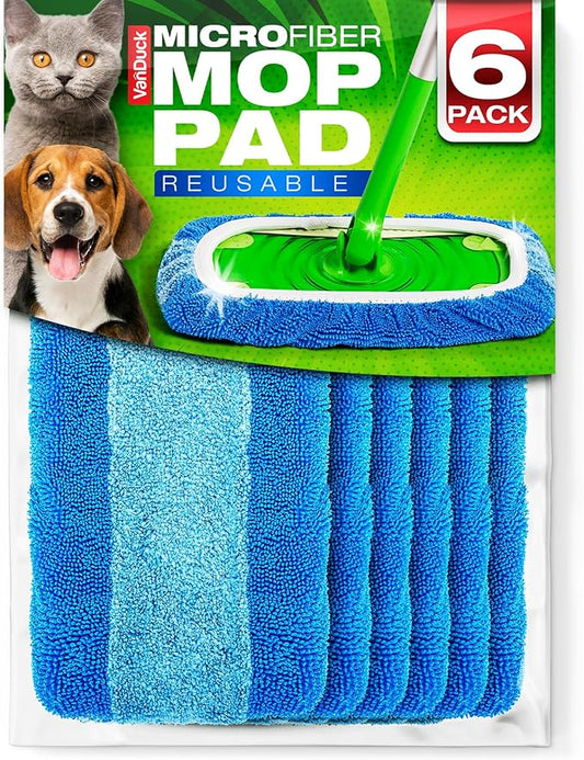 VanDuck Reusable Pet Heavy Duty Mop Pads Compatible with Swiffer Sweeper (6-Pack) - Washable Microfiber Mop Pads for Wet & Dry Use - All Purpose Floor Mopping and Cleaning Product