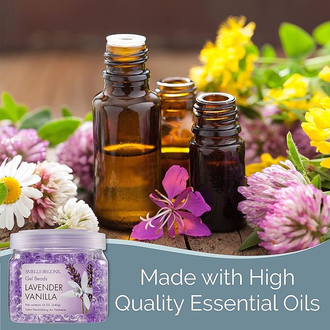 SMELLS BEGONE Odor Eliminator Gel Bead Value Pack - 72 oz - Air Freshener - Eliminates Odors in Bathrooms, Pet Areas, Boats, RVs & Cars - Made with Essential Oils - Lavender Vanilla Scent